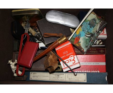 A box of miscellaneous items to include a Finnish dagger in leather sheath, a softwood fob watch holder, matchbox sleeves etc