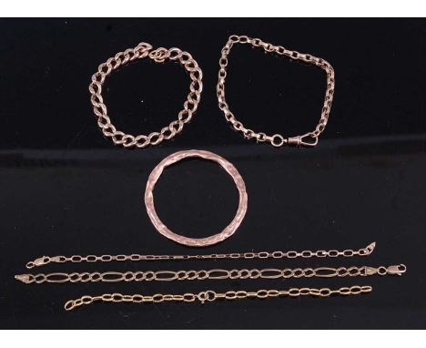 A collection of 9ct scrap gold, to include five bracelets (some lacking fastenings), and a single bangle (badly misshapen), g