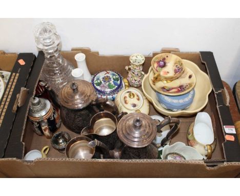 A box containing a collection of various items, to include a cloisonne enamelled jar and cover, a triple neck glass decanter,