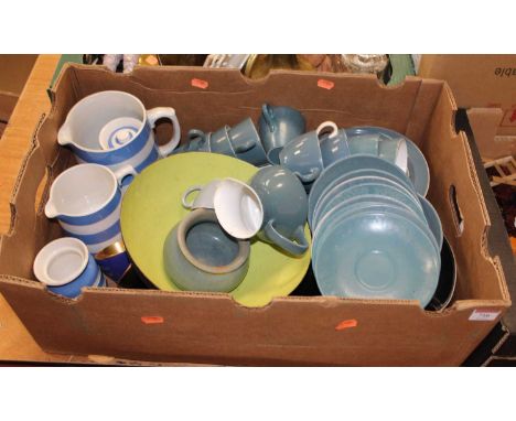 A box containing a collection of various ceramics, to include TG Green Electric Blue striped Cornishware, a Poole part tea se