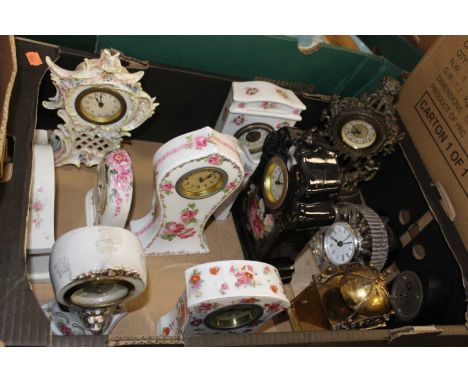 A box containing a collection of various mantel clocks, to include a Bohemian lead crystal quartz mantel clock, a reproductio