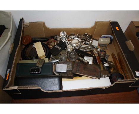 A box of miscellaneous items to include papier mache pocket snuff box, silver top match striker, Victorian lacquered pen box,