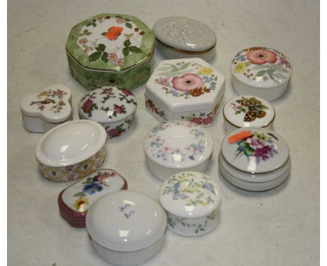 A box of various porcelain and trinket jars and covers to include Wedgwood and Royal Worcester