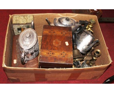 A box containing a collection of various items, to include a Victorian walnut Tunbridge inlaid box, Victorian brass table can