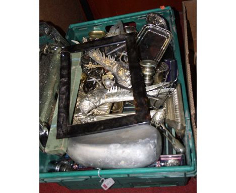 A box of miscellaneous metal wares to include Corinthian column table candlestick, silver plated hand mirror, loose flatwares