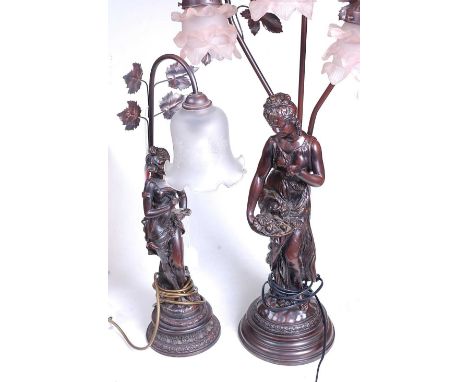 A 20th century French style resin three-branch figural table lamp, with three floral moulded rose-tinted glass shades and fol