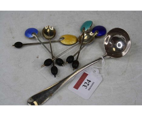A set of six mid-20th century silver coffee bean spoons, each having a coloured guilloche enamelled bowl; together with a Vic