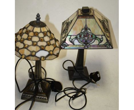 A 20th century Tiffany style table lamp with coloured glass shade, height 36cm, together with another similar