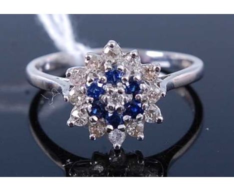 A 9ct white gold sapphire and diamond flower head cluster ring, 2.9g, size Q/R