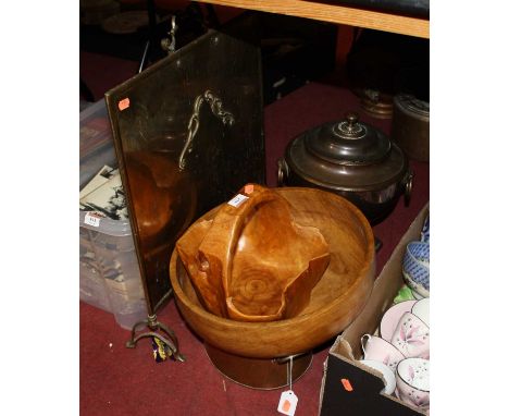 A collection of miscellaneous items to include an early 20th century copper samovar, large treen bowl, brass firescreen etc