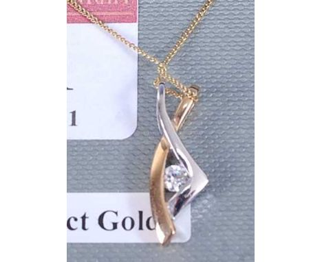 A contemporary 9ct two-colour gold diamond set pendant, the round brilliant weighing approx 0.1 carats, on finelink neck chai