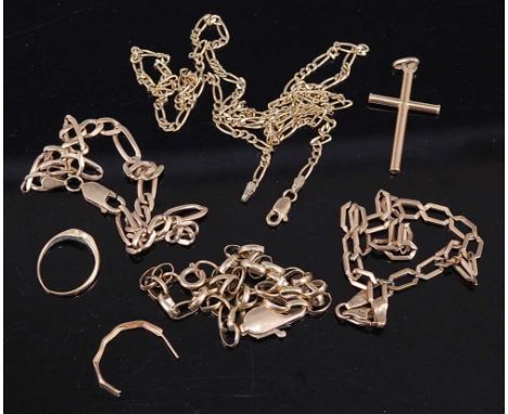 Assorted 9ct scrap gold, to include part necklace and bracelet section, cross pendant, small signet ring etc, 18.8g
