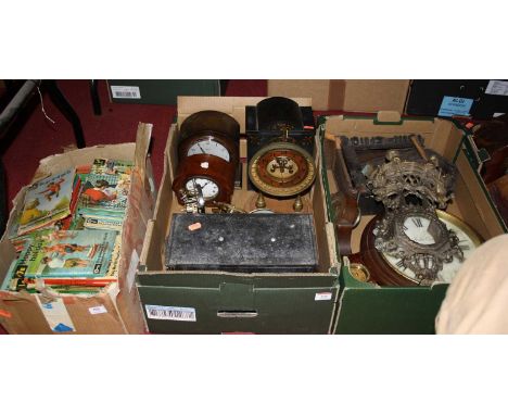 A box of miscellaneous clock cases and mantel clocks to include Edwardian mahogany and satinwood inlaid cased example