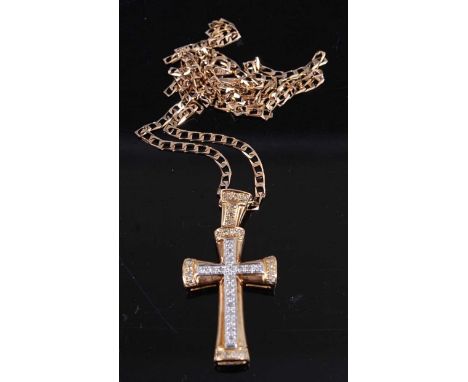 A 9ct gold diamond point set cross pendant, 28mm (excluding bale), on fine curblink neck chain, gross weight 6.6g