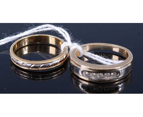 A yellow metal and white stone set half eternity ring stamped 10K, size O, together with one other yellow and white metal wed