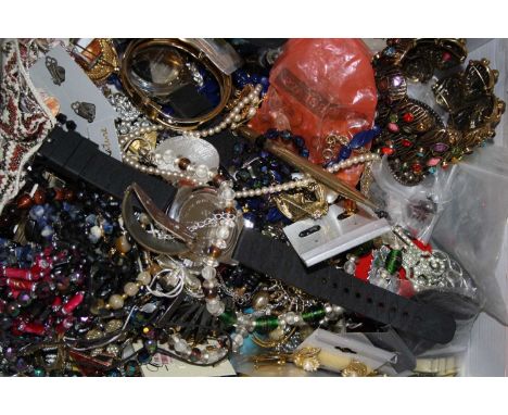 A box of miscellaneous costume and other jewellery to include various beaded necklaces, enamelled bangle, modern fashion earr