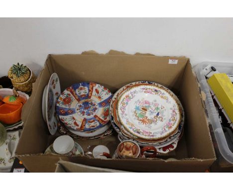 A box containing a collection of various ceramics, to include a Japanese Kutani teapot, Arita plate, and Victorian transfer d