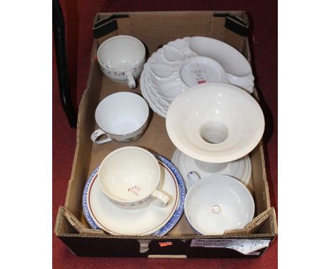 A box containing a collection of various ceramics, to include asparagus dishes, a large candlestick, teacups and saucers etc