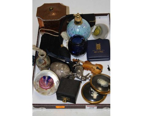 A small collection of miscellaneous items to include an atomiser, a hammered copper tea caddy, paperweight etc