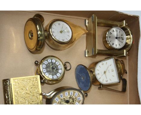 A collection of assorted modern brass and perspex cased mantel clocks