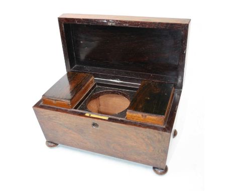 A Regency Goncalo Alves? and rosewood tea caddy, of casket form, the lid lifting to reveal the twin rosewood compartments (la