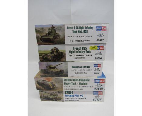 Five Hobby Boss 1:35 scale military plastic model kits to include82497 Soviet T-26 Light Infantry Tank Mod.1938, 82427 T26E4 