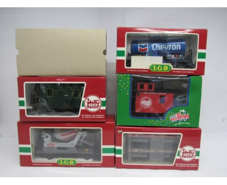 A collection of boxed LGB (Lehmann-Gross-Bahn) G scale garden railway rolling stock to include 40550 cement mixer wagon, 4440