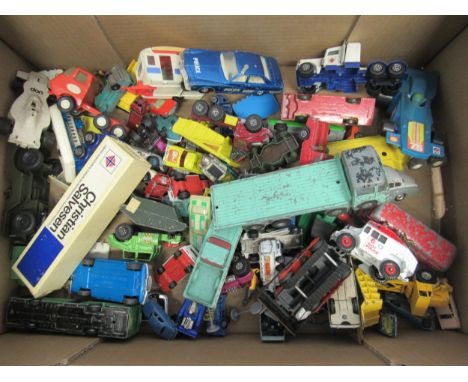 A collection of playworn diecast and plastic vehicles including Triang Spot-On ERF 68G, Dinky Chevrolet El Camino, Lone Star 