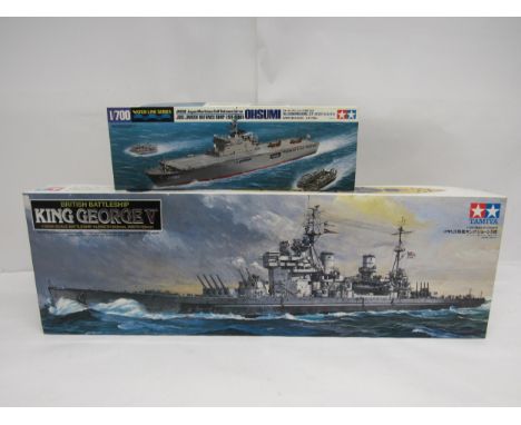 Two Tamiya ship plastic model kits to include 1:350 scale 78010 British Battleship King George V and 1:700 scale 31003 water 