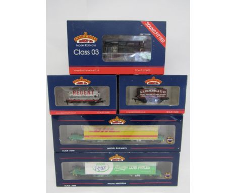 A boxed Bachmann Branch-Line 00 gauge model railway diesel shunter locomotive in associated box, together with four boxed Bac