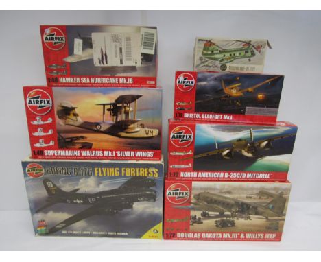 Seven Airfix military aircraft plastic model kits to include 1:48 scale A09187 Supermarine Walrus Mk.1 'Silver Wings' and A05