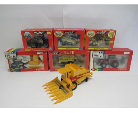 Six boxed Britains 1:32 scale diecast farmissue vehicles and implements to include 9607 Massey Ferguson MF 3680 tractor (lack