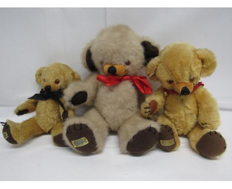 Three Merrythought Cheeky teddy bears, each with plastic eyes, stitched nose and mouth, velvet muzzle, ears with bells (3, ta