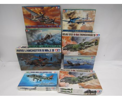Eight Tamiya 1:48 scale Aircraft Series plastic model kits to include 61112 Avro Lancaster B Mk.I/III, 61066 De Havilland Mos