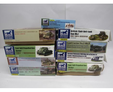 Nine Bronco 1:35 scale militayr plastic model kits to include CB35188 Loyd Carrier No.2 MkII Anti-Tank Gun Tractor, CB35021 S