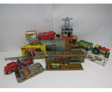 A group of boxed tinplate mechanical toys to include Lehmann (Germany) battery operated Rigi 900E cable car (lacking battery 