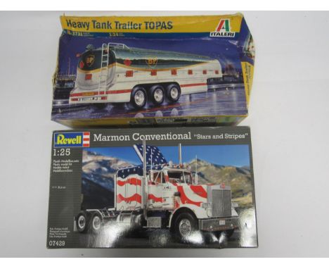 Two plastic model kits to include Italeri 1:24 scale 3731 Heavy Tank Trailer 'Topus' (box poor) and Revell 1:25 scale 07429 M