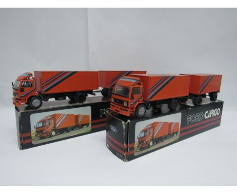Two boxed NZG Modelle 1:50 scale diecast no.227 Ford Cargo box vans and trailers (2, each missing one wing mirror) 