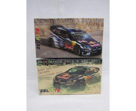 Two Belkits 1:24 scale rally racing car plastic model kits to include BEL-010 VW Polo R WRC 2015 and BEL-011 VW Polo R WRC 20
