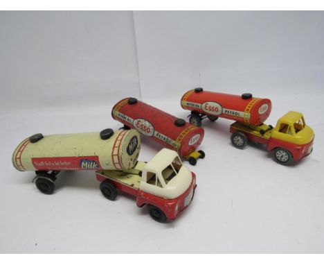 Two Wells Brimtoy tinplate and plastic articulated tankers to include friction drive milk tanker and clockwork Esso petrol ta