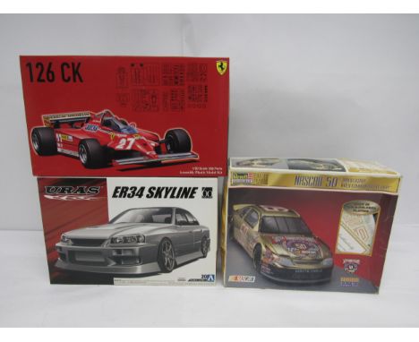 Three assorted racing and road car plastic model kits to include Fujimi 1:20 scale 091969 Ferrari 126 CK Formula One Racing C