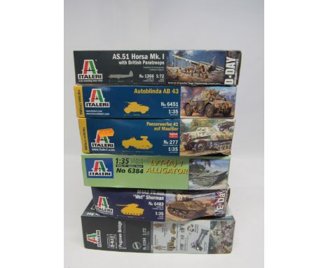 Six Italeri 1:35 and 1:72 scale military plastic model kits to include 1356 AS.51 Horsa Mk.1 with British Paratroops, 6194 Pe