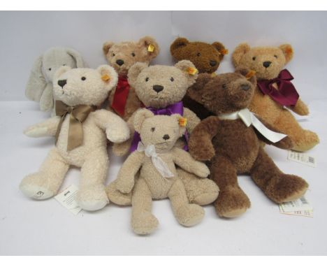 Eight Steiff teddy bears and soft toy animals, all with buttons and yellow tags to ears, to include #'s 664120, 11376, 115536