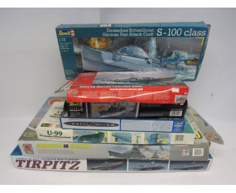Seven assorted ship plastic model kits to include Revell 1:350 scale German Destroyer Type 1936, 5054 1:125 scale U-99 Deutch