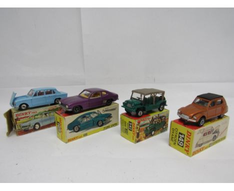 Four Dinky Toys diecast model vehicles, housed in original pictorial card boxes, to include 165 Ford Capri in metallic purple