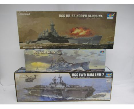 Three Trumpeter 1:350 scale ship plastic model kits to include 05615 USS Iwo Jima LHD-7, 05503 USS BB-55 North Carolina and 0