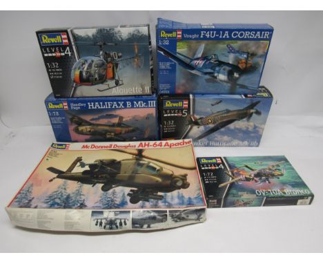 Six Revell military aircraft plastic model kits to include 1:32 scale 04781 Vought F4U-1A Corsair, 03804 Alouette II, 04968 H