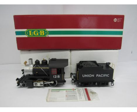 A boxed LGB (Lehmann-Gross-Bahn) G scale garden railway 20232 American 2-4-0 locomotive and tender in black Union Pacific liv
