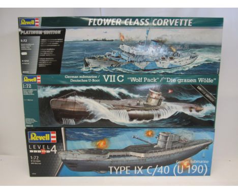 Three Revell 1:72 scale plastic model kits to include 05015 German Submarine VII C "Wolf Pack" (unopened), 05112 Flower Class