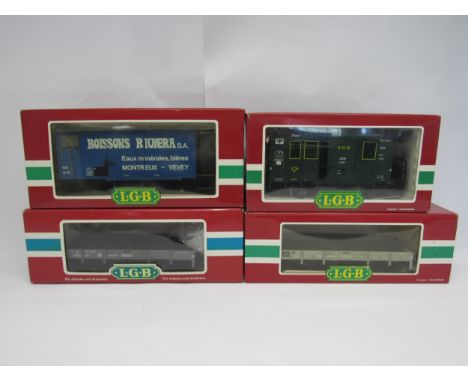 Four boxed items of LGB (Lehmann-Gross-Bahn) G scale garden railway rolling stock to include 3019 Post Wagon in green, 4029 B